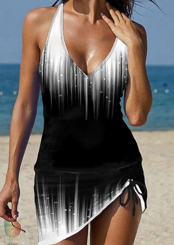 Gradient Drawstring Halter Tie Tankini Set