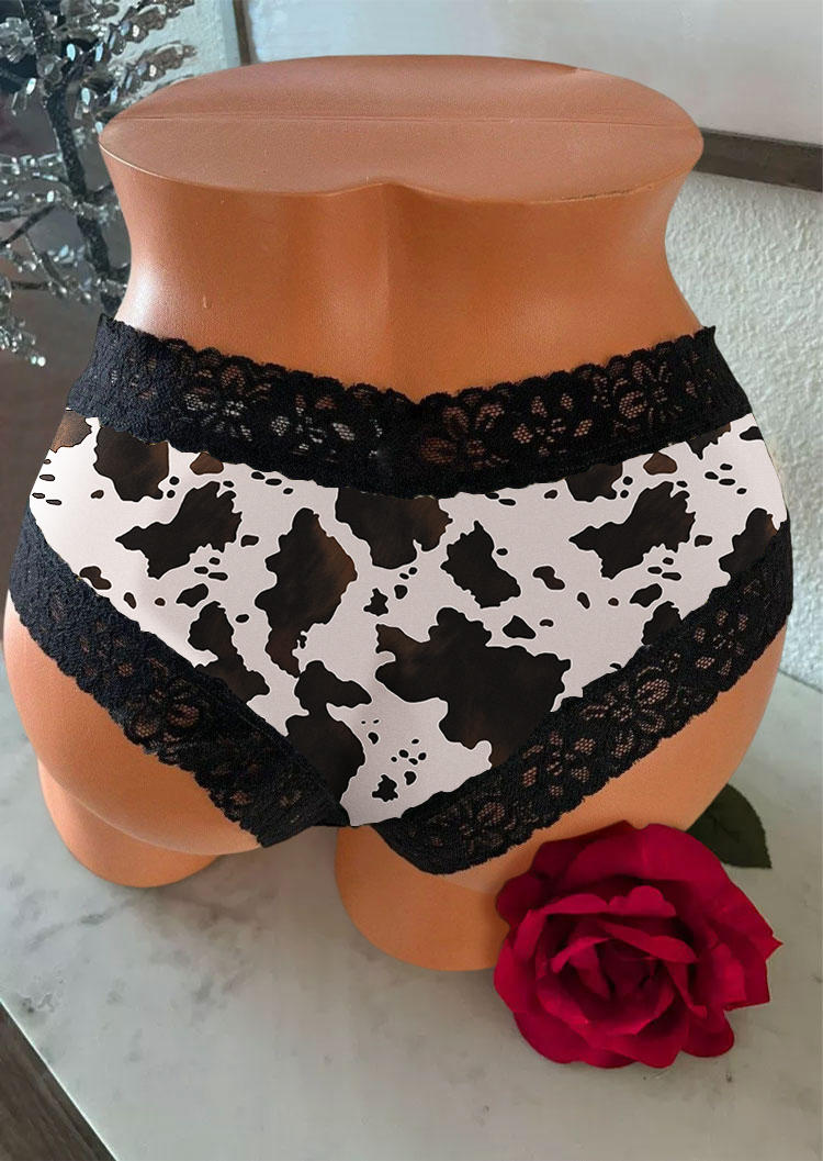 Cow Lace Stitching Panties - Black