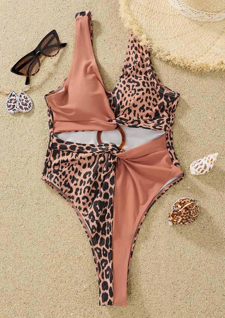 

One-Pieces Swimsuit Leopard Printed Ring Splicing One-Piece Bathing Suit Swimwear in Khaki. Size: M