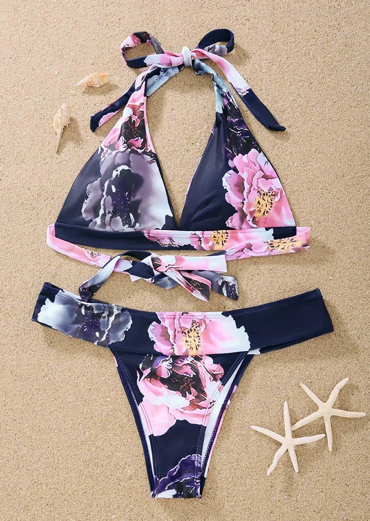 

Bikini Sets Floral Halter Open Back Tie Bikini Set in Blue,Multicolor. Size: 2XL