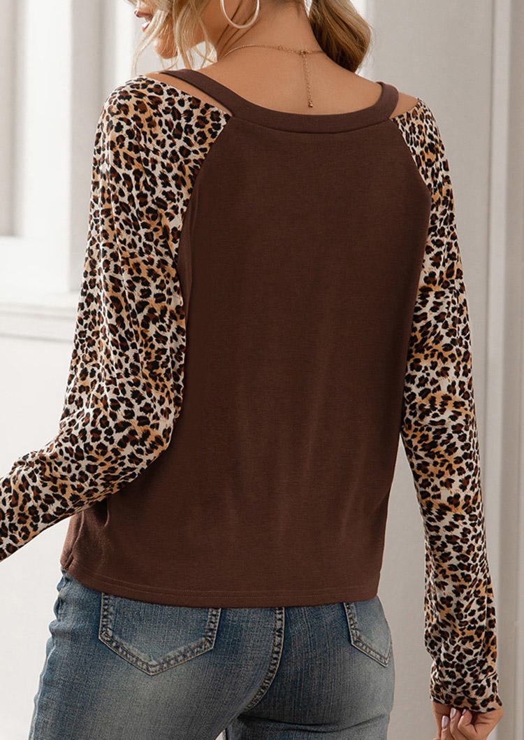 Leopard Hollow Out Twist Blouse - Coffee