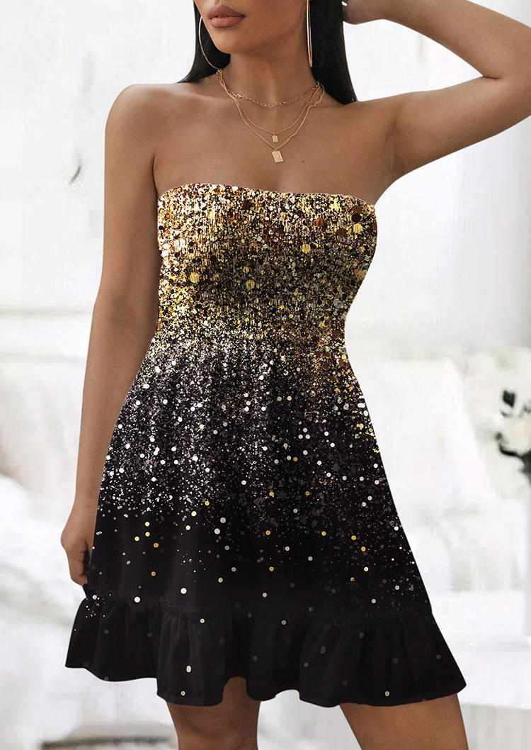 Mini Dresses Glitter Smocked Strapless Bandeau Open Back Mini Dress in Black. Size: L,M,S,XL