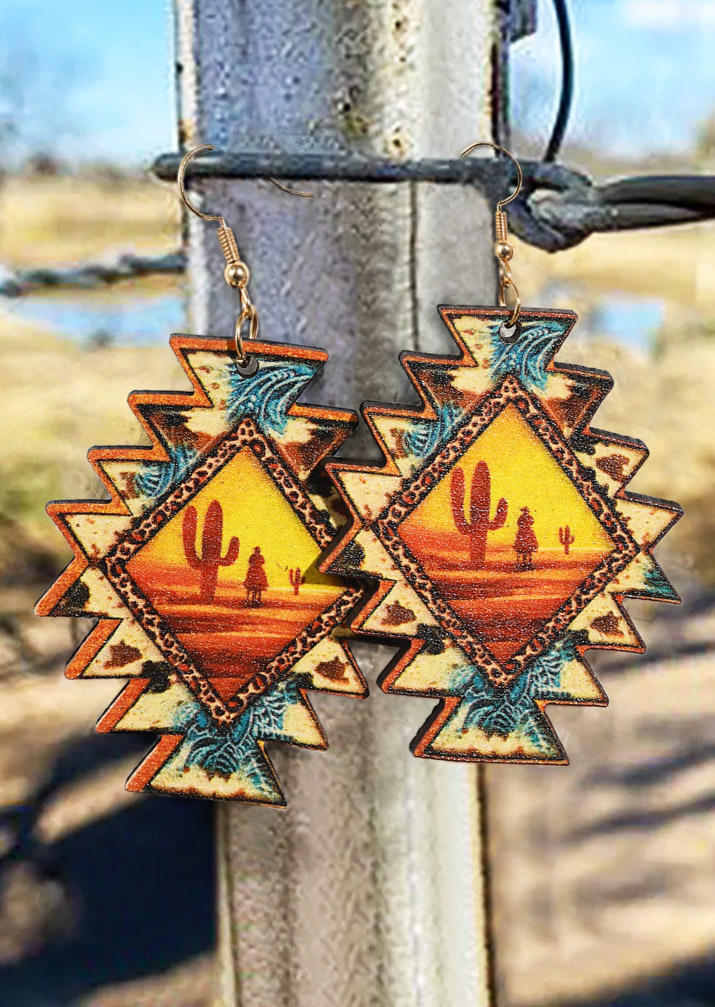 

Earrings Aztec Geometric Sunset Cow Cactus Wooden Earrings in Multicolor. Size