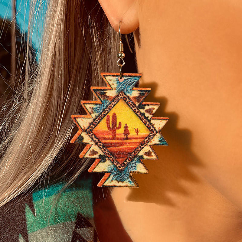 Aztec Geometric Sunset Cow Cactus Wooden Earrings