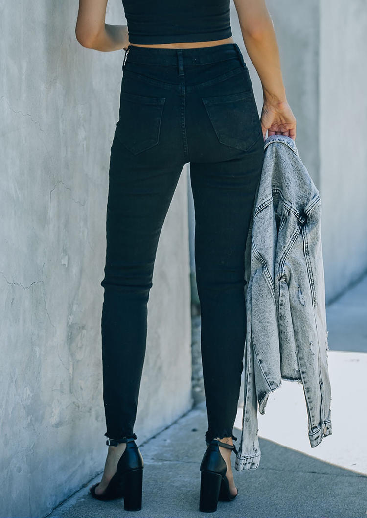 Pants Button Pocket Frayed Denim Pants in Black. Size: L,M,S,XL
