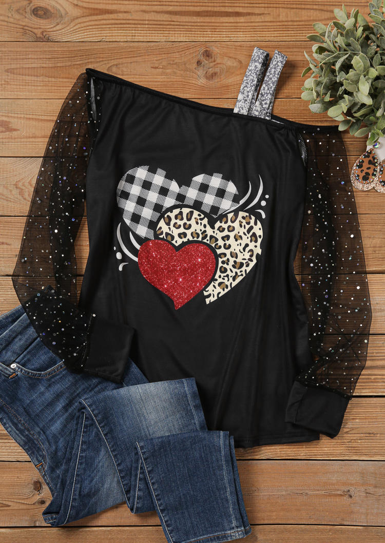 Blouses Valentine Leopard Plaid Heart Glitter Mesh Splicing Blouse in Black. Size: L,S