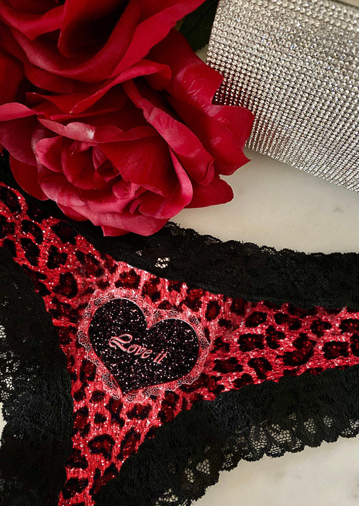 Panties Valentine Heart Love It Leopard Lace Splicing Panties in Black. Size: L,M,S,XL