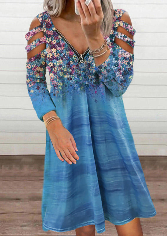 

Mini Dresses Floral Zipper Hollow Out V-Neck Mini Dress - Cyan in Blue. Size: L,M,,XL