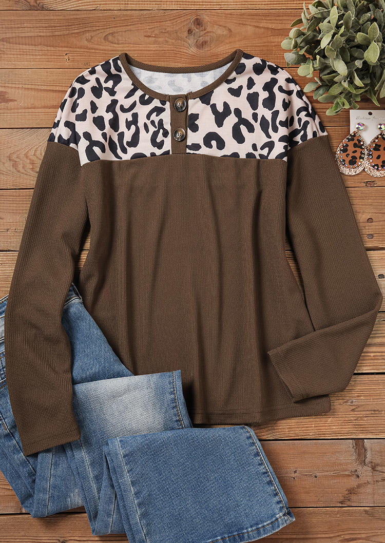 Blouses Leopard Button Long Sleeve Blouse in Brown. Size: L,M,S