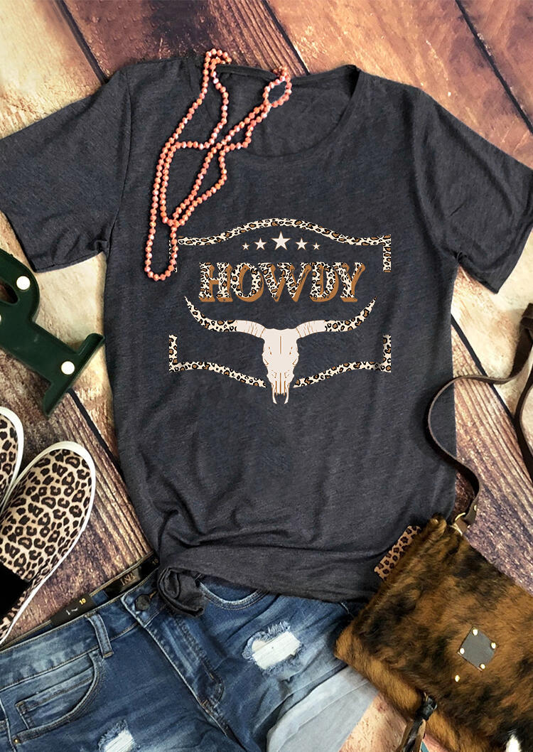 

T-shirts Tees Howdy Steer Skull Leopard O-Neck T-Shirt Tee - Dark Grey in Gray. Size