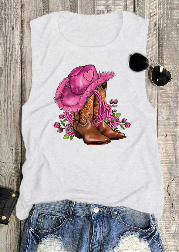 Tank Tops Valentine Rose Heart Hat Boots Casual Tank Top in White. Size: L,M,S,XL