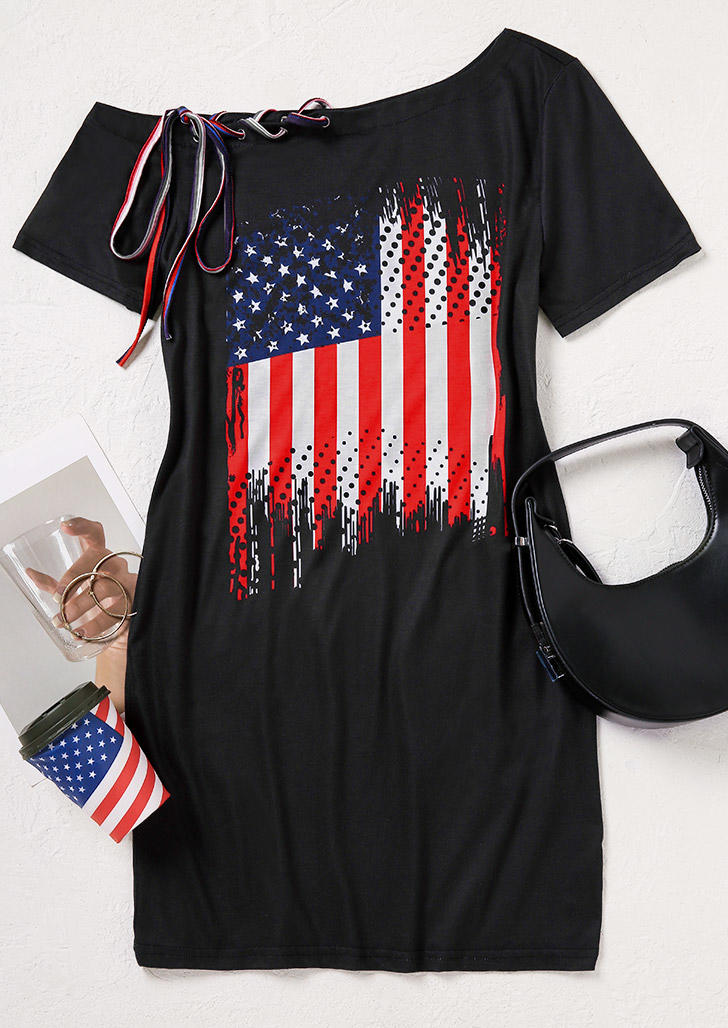 Mini Dresses American Flag Star Criss-Cross One Sided Cold Shoulder Mini Dress in Black. Size: L,M,S,XL