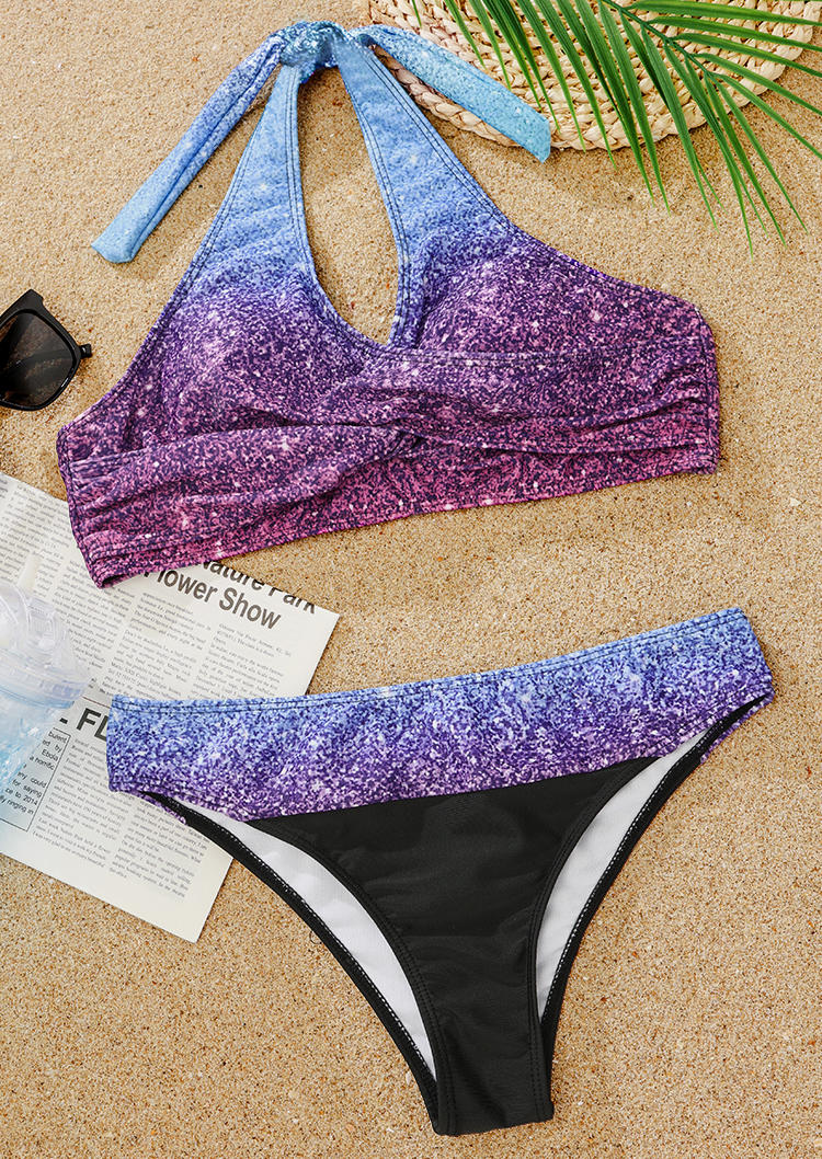 

Bikini Sets Gradient Glitter Halter Tie Bikini Set in Multicolor. Size