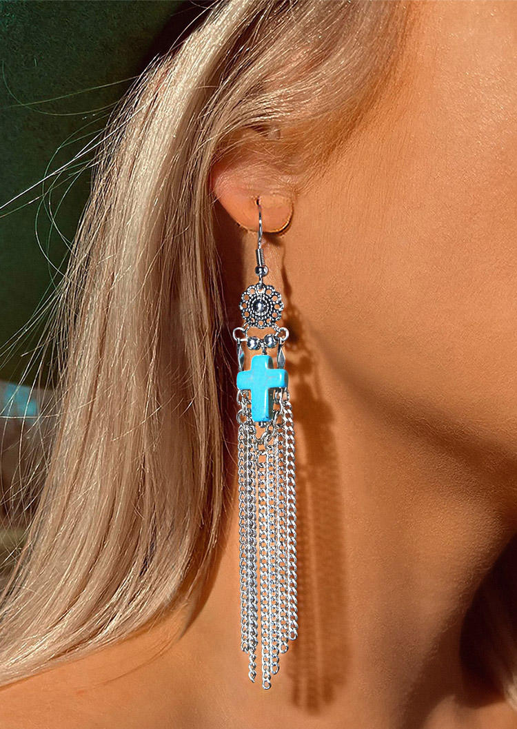 

Earrings Turquoise Cross Tassel Beading Hook Earrings in Silver. Size