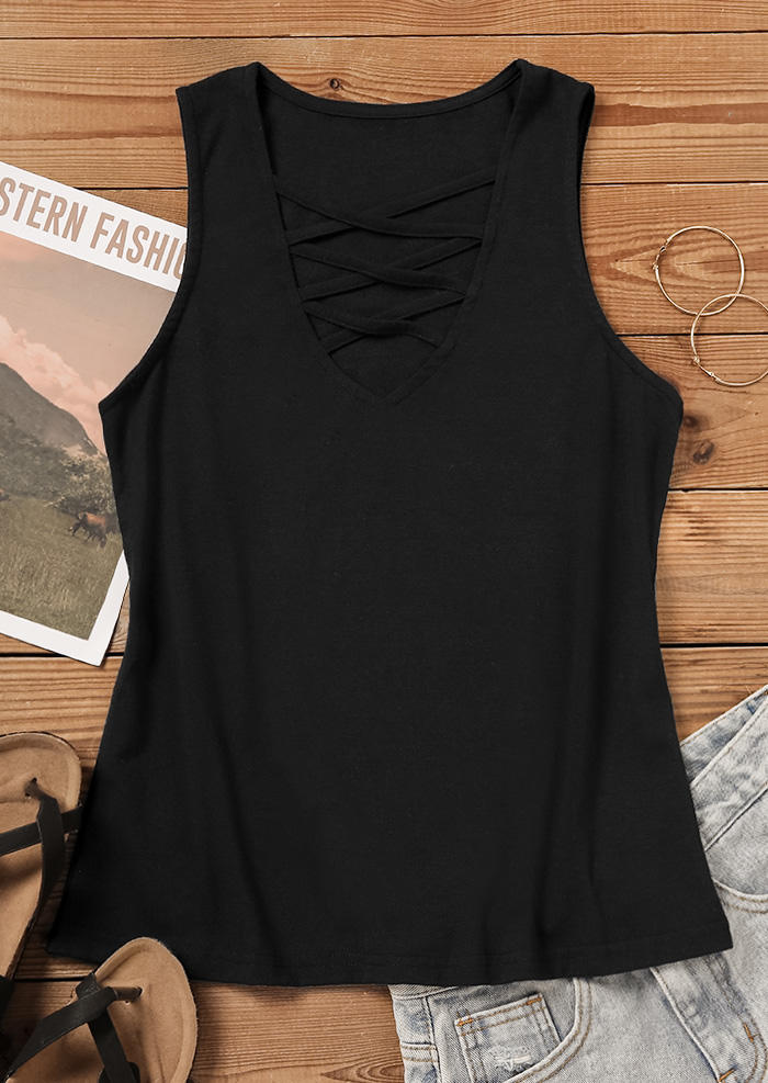 Tank Tops Criss-Cross Hollow Out Casual Tank Top in Black. Size: L,M,S