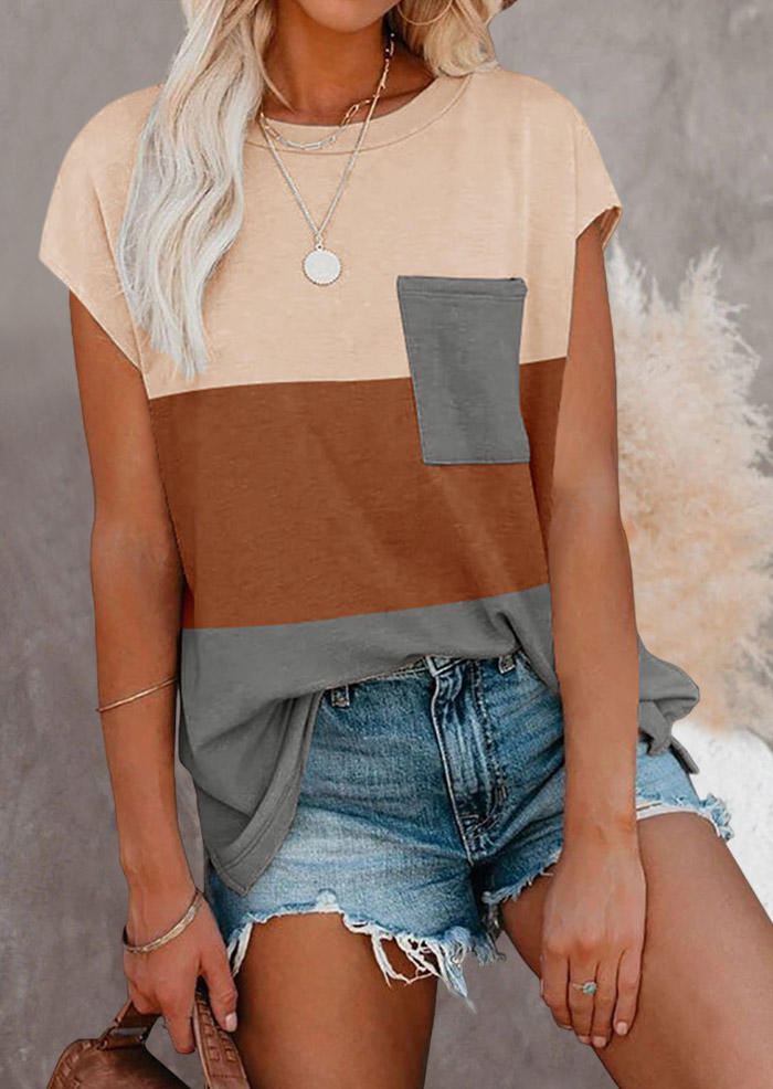

Blouses Color Block Pocket O-Neck Blouse in Multicolor. Size