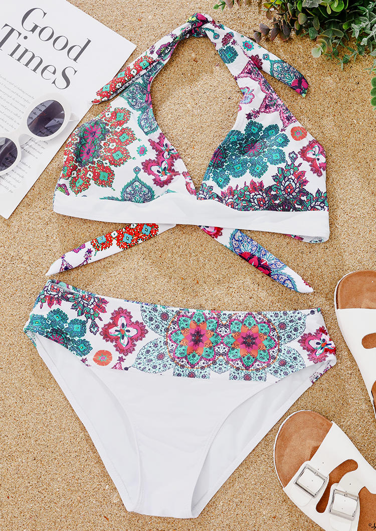 

Bikini Sets Floral Halter Tie Bikini Set in White. Size