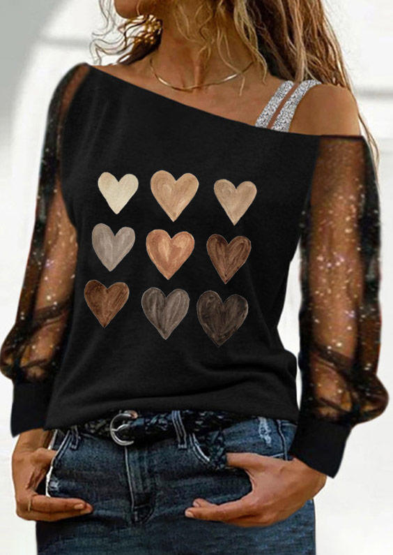 Valentine Heart Glitter One Sided Cold Shoulder Blouse - Black