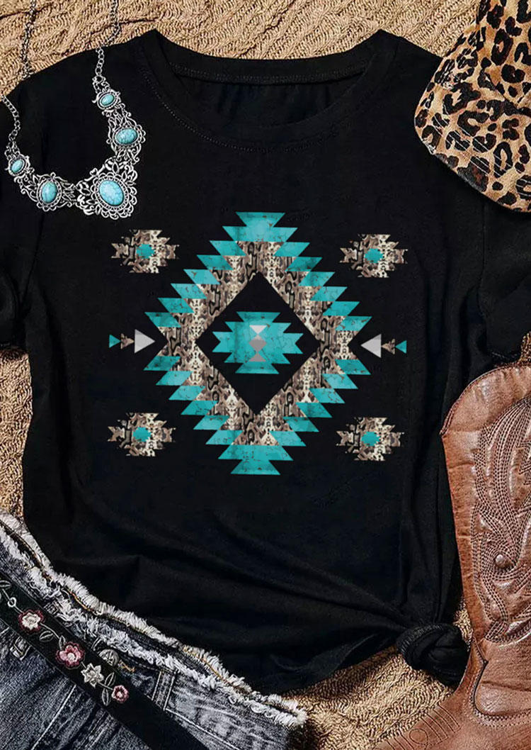 T-shirts Tees Aztec Geometric O-Neck T-Shirt Tee in Black. Size: L,M,S,XL