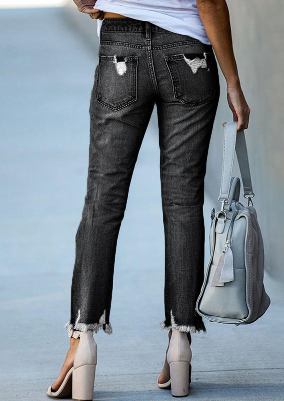 

Pants Ripped Hole Frayed Denim Pants in Black. Size