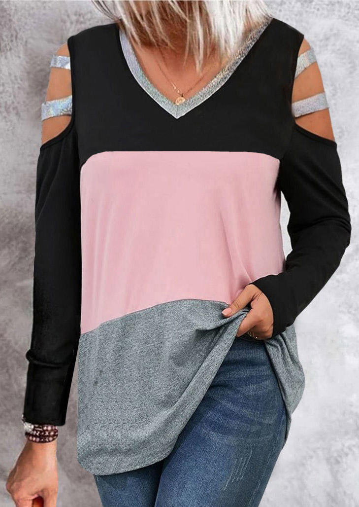 

Blouses Color Block Glitter Hollow Out Blouse in Multicolor. Size: L,M,,XL