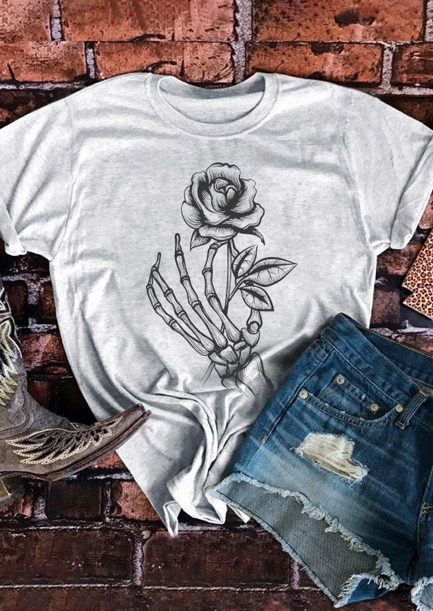 Rose Skeleton Hand O-Neck T-Shirt Tee - Light Grey