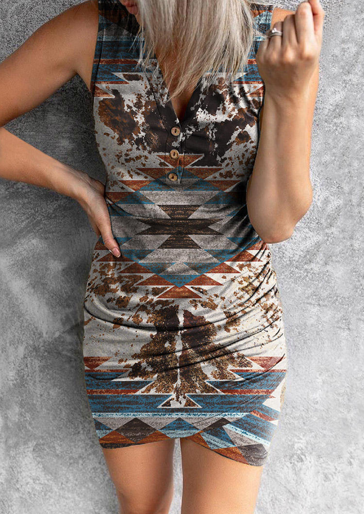 Aztec Geometric Button Bodycon Dress