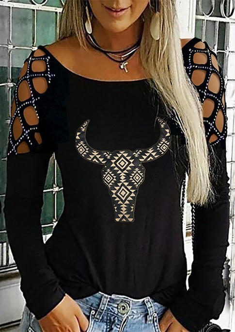 Aztec Geometric Steer Skull Rhinestone Hollow Out Blouse - Black