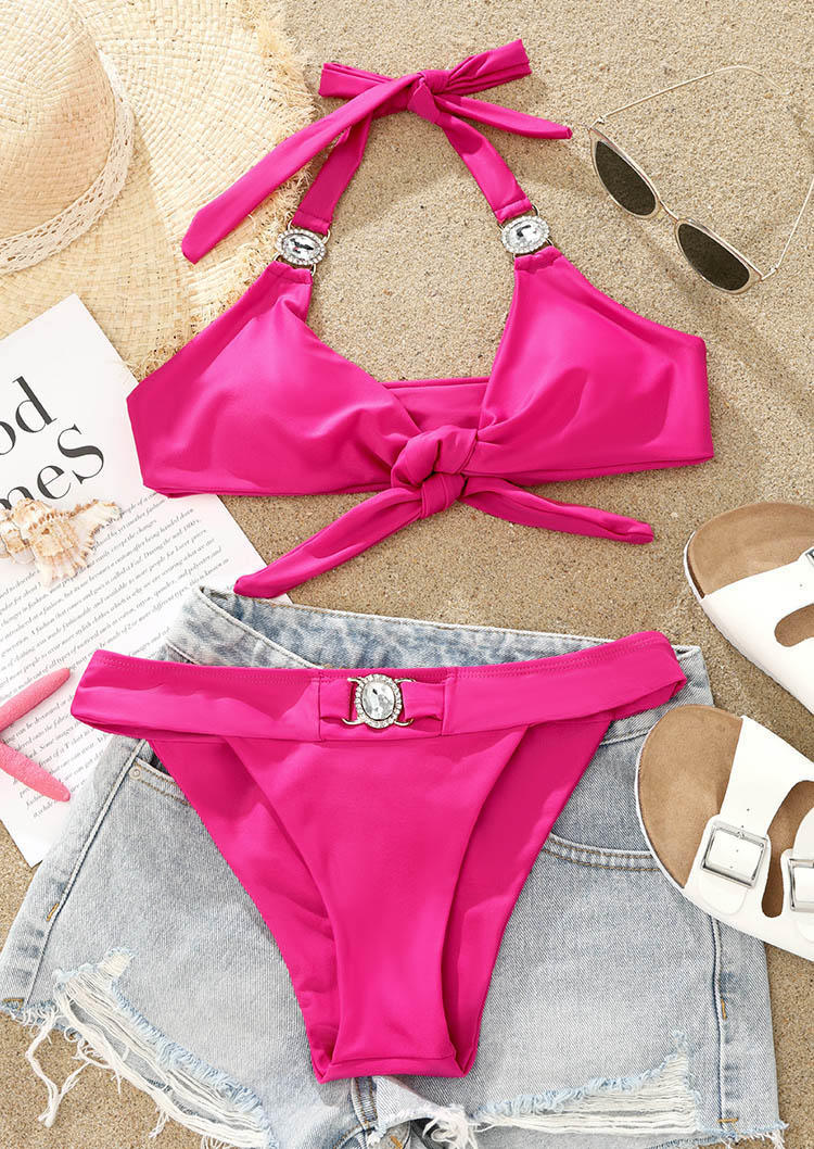 Shiny Rhinestone Tie Halter Bikini Set - Rose Red