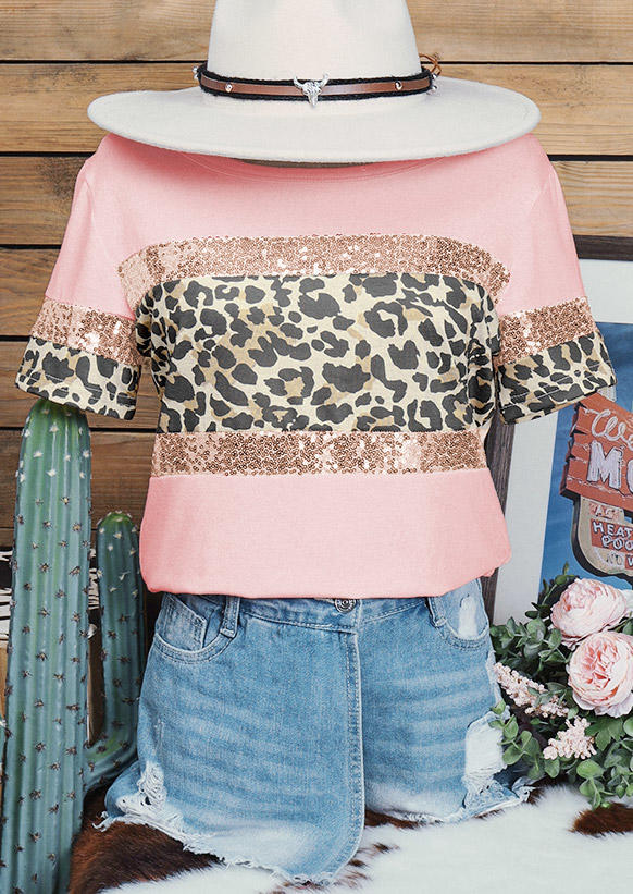 Leopard Sequined Splicing Blouse - Pink