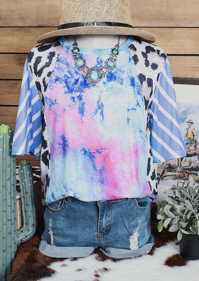 Tie Dye Leopard Striped Splicing Blouse