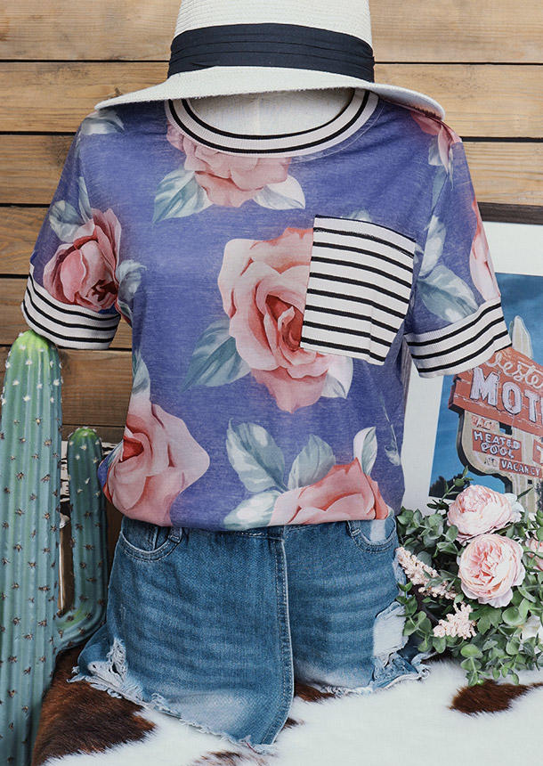 

Blouses Floral Striped Splicing Pocket Blouse in Multicolor. Size: L,M,,XL