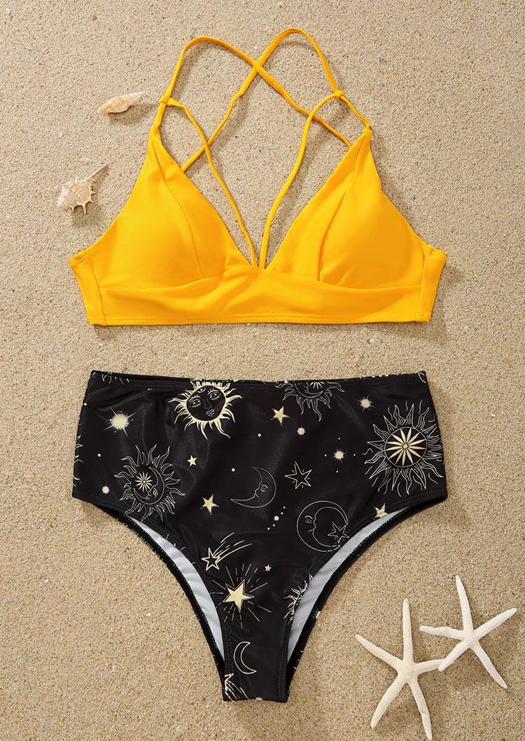 

Bikini Sets Sun Moon Hollow Out Criss-Cross Bikini Set in Yellow. Size: L,M,,XL