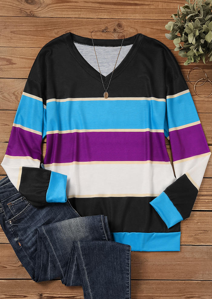 

Blouses Color Block Long Sleeve V-Neck Blouse in Multicolor. Size