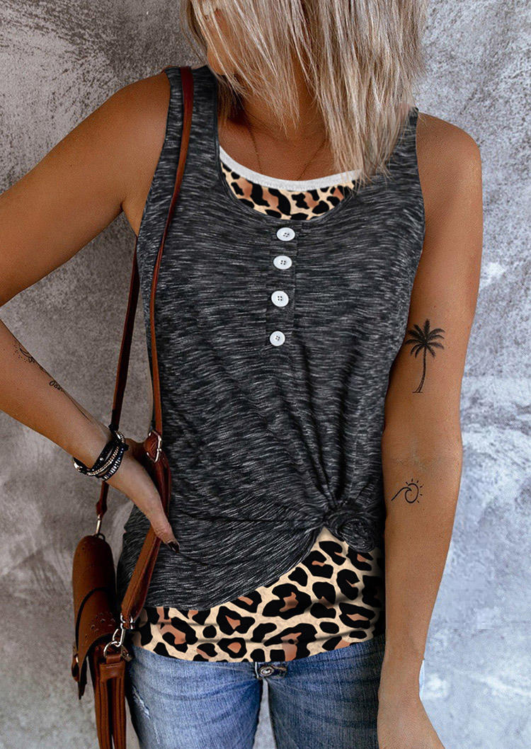 

Tank Tops Leopard Twist Button Fake Two-Piece Tank Top in Black. Size: L,M,,XL