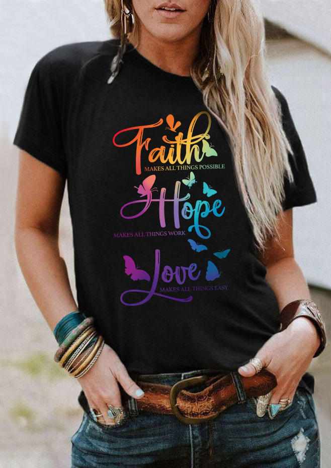 T-shirts Tees Faith Hope Love Butterfly Gradient T-Shirt Tee in Black. Size: L,M,S,XL