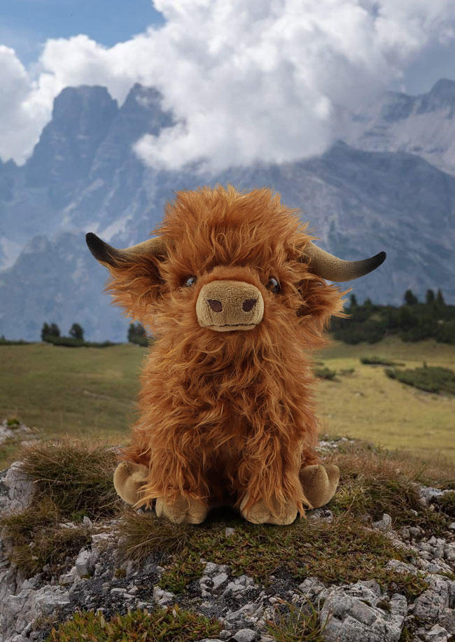 

Eco-Friendly Scottish Highland Cow Soft Plush Toy in Brown. Size