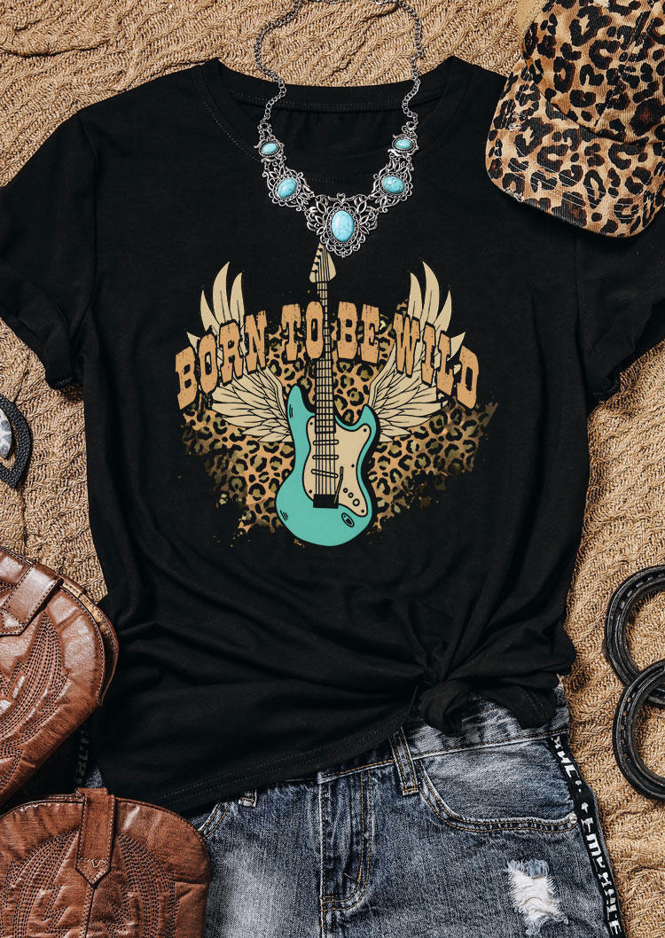 

T-shirts Tees Born To Be Wild Leopard Guitar O-Neck T-Shirt Tee in Black. Size