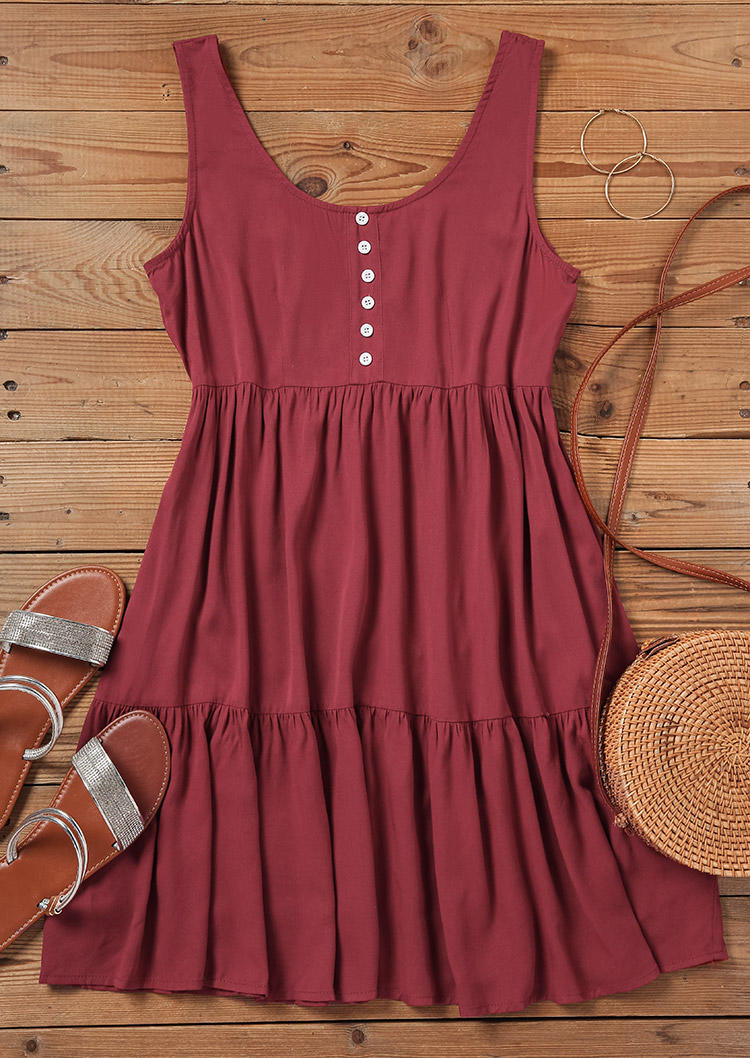 Mini Dresses Ruffled Button Sleeveless O-Neck Mini Dress - Burgundy in Red. Size: L,M,S,XL