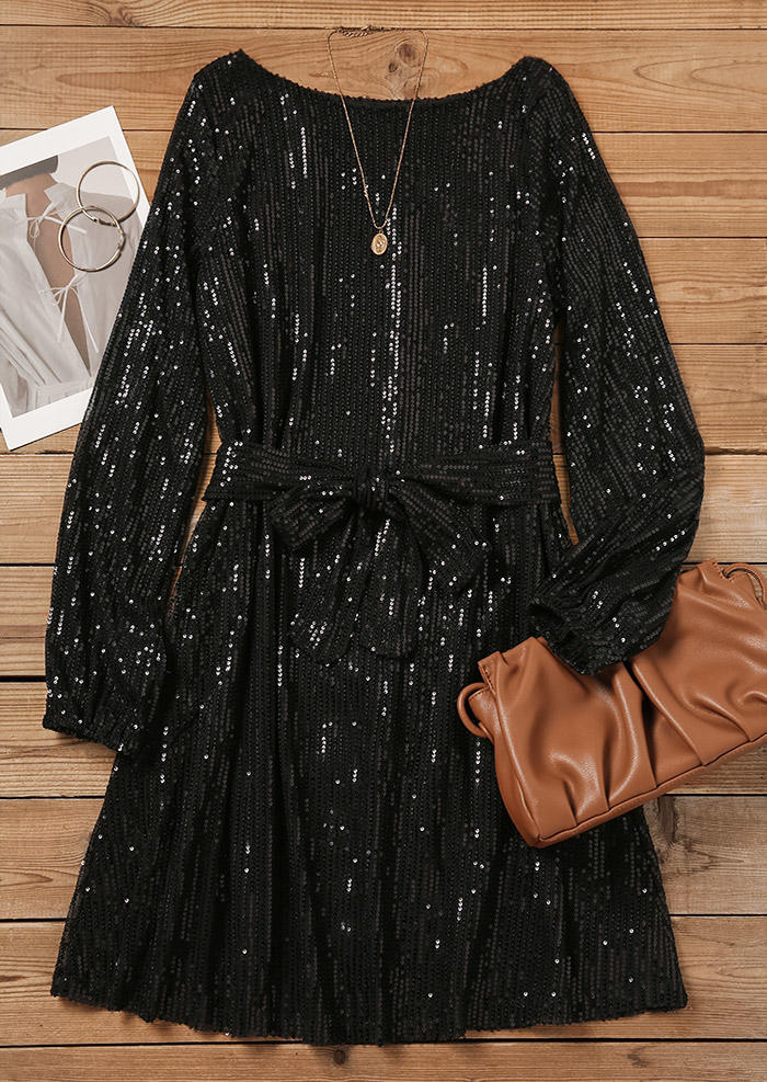Mini Dresses Glitter Half Sleeve O-Neck Mini Dress With Belt in Black. Size: L,M,S,XL