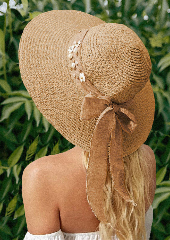 Hats Floral Pearl Bowknot Straw Hat in Khaki,White. Size: One Size