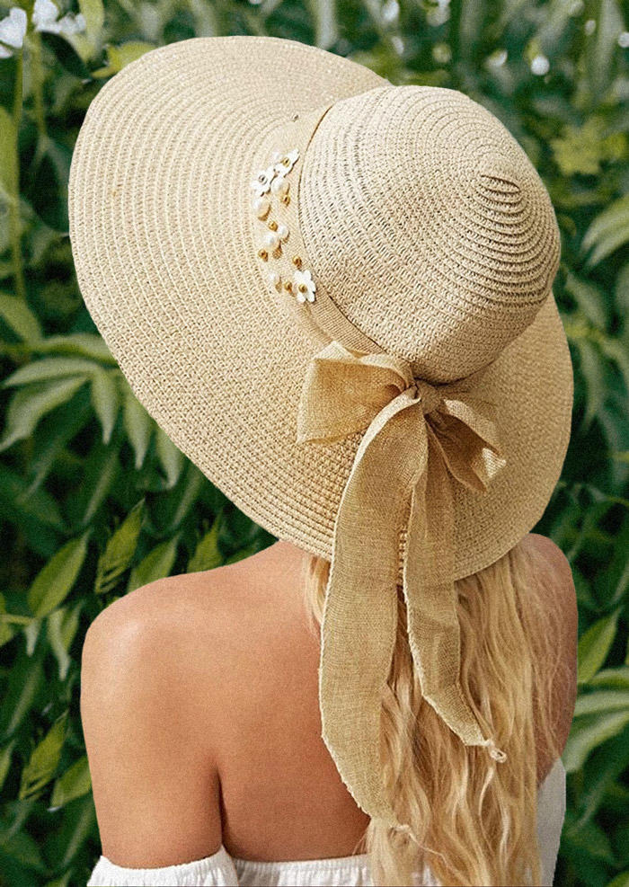 

Hats Floral Pearl Bowknot Elegant Big Brim Visor Sun Beach Straw Hat in White. Size