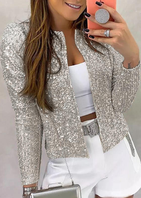 

Coats Sequined Long Sleeve Casual Coat in Silver. Size: L,M,,XL