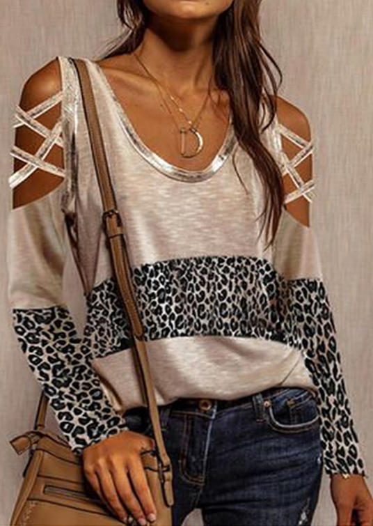 

Blouses Leopard Color Block Criss-Cross Blouse in Multicolor. Size: L,M,,XL