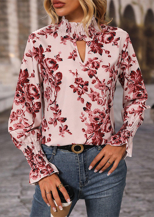 

Blouses Floral Smocked Hollow Out Long Sleeve Blouse in Multicolor. Size: L,M