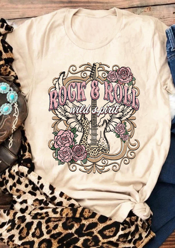 

T-shirts Tees Rock & Roll Wild Spirit Guitar Rose Leopard T-Shirt Tee in Apricot. Size: L,M,,XL