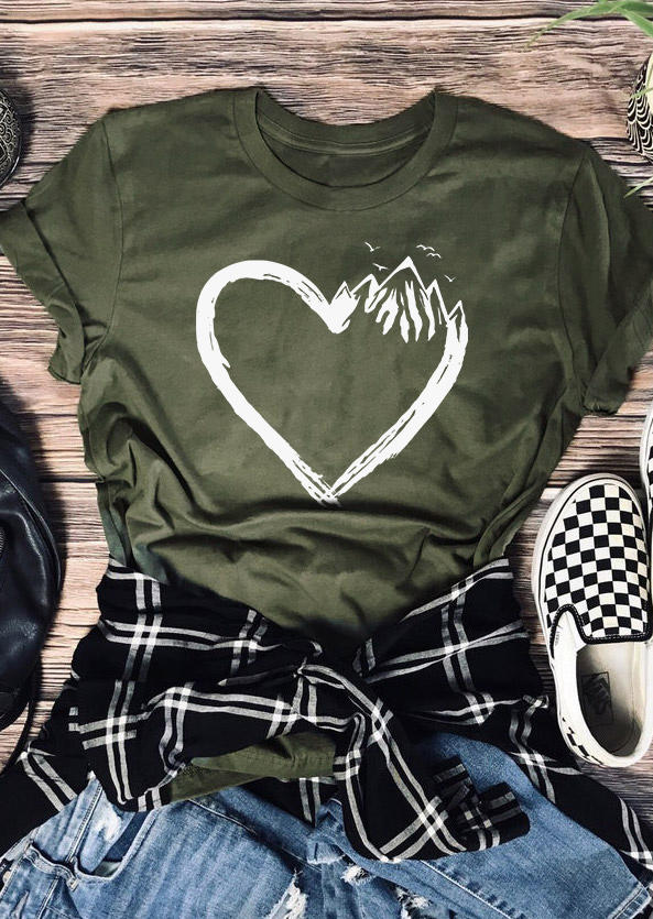 

T-shirts Tees Valentine Heart O-Neck T-Shirt Tee - Army Green in Green. Size