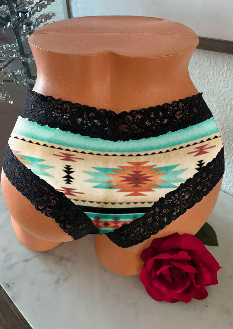 Aztec Geometric Lace Splicing Panties - Black