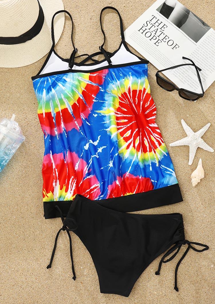 

Tankinis Tie Dye Criss-Cross Tie Tankini Set in Multicolor. Size: L,M