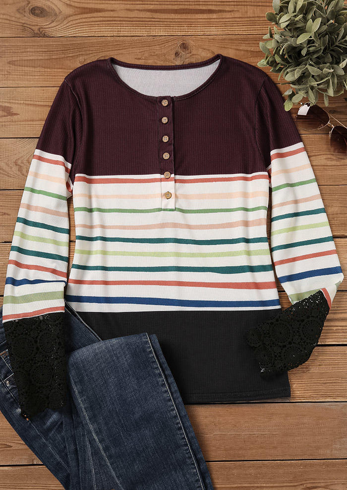 

Blouses Colorful Striped Lace Splicing Button Blouse in Multicolor. Size